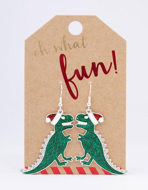 Silver & Green Dinosaur Christmas Drop Earrings