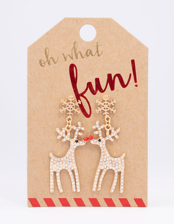 Gold Diamante Reindeer Drop Earrings