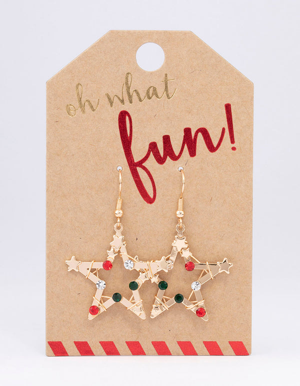 Green & Red Wrapped Star Drop Earrings