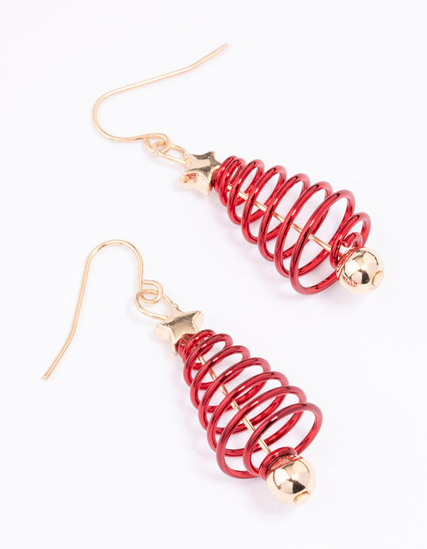 Red Spiral Christmas Tree Drop Earrings