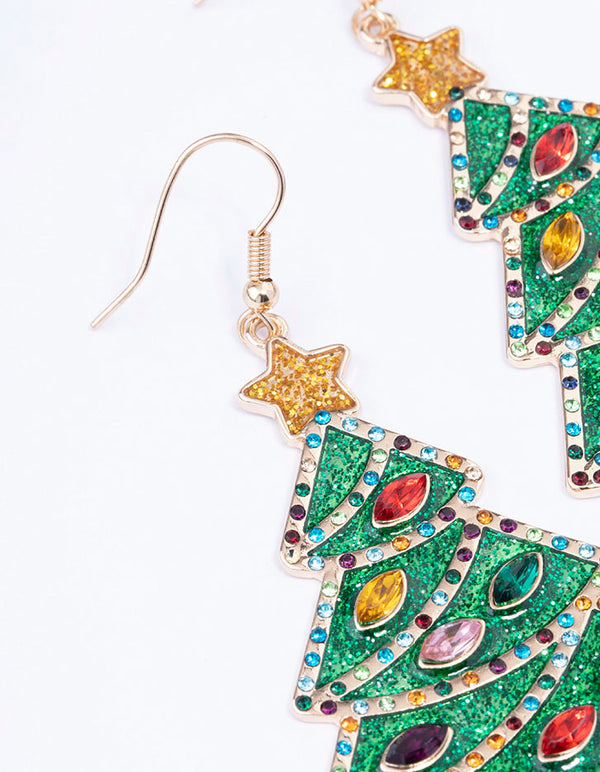 Gold Enamel Christmas Tree Drop Earrings