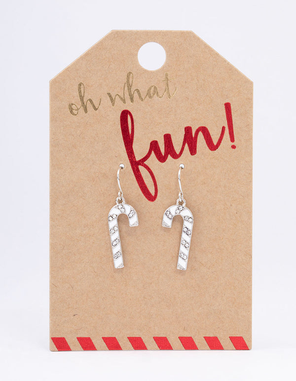 White & Diamante Christmas Candy Cane Drop Earrings