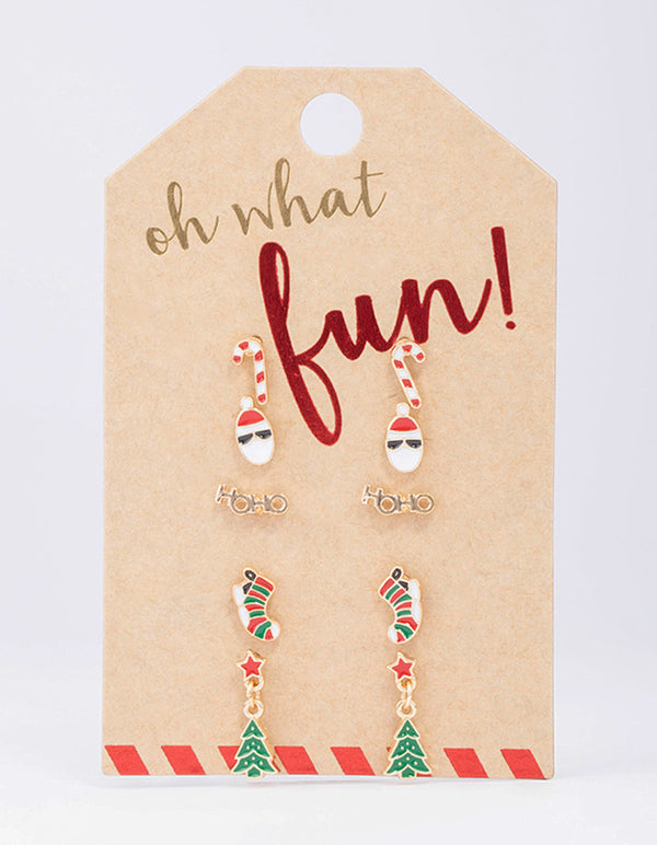 Gold HoHo & Santa Christmas Stud Earrings 5-Pack