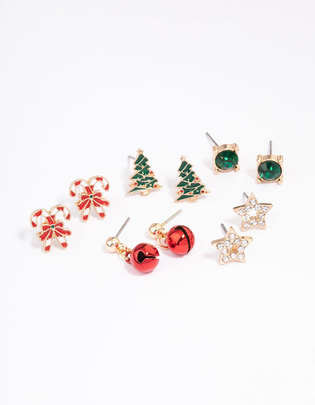 Gold Candy Cane & Christmas Tree Stud Earrings 5-Pack