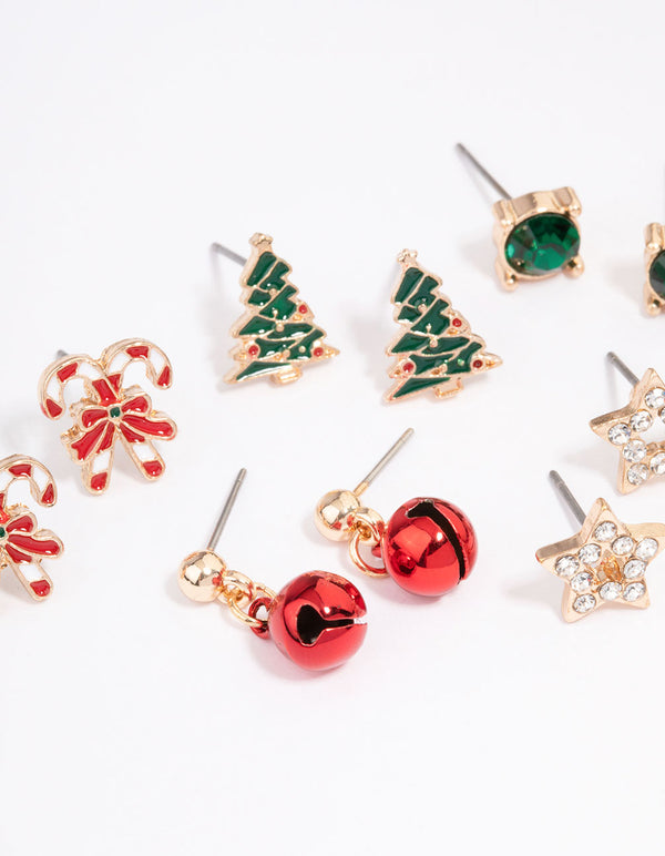 Gold Candy Cane & Christmas Tree Stud Earrings 5-Pack