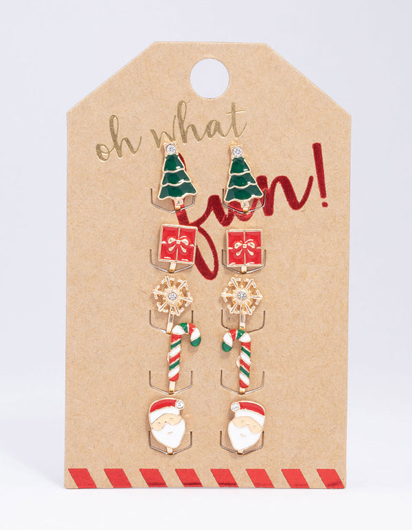Gold Christmas & Candy Cane Clip On Earrings 5-Pack