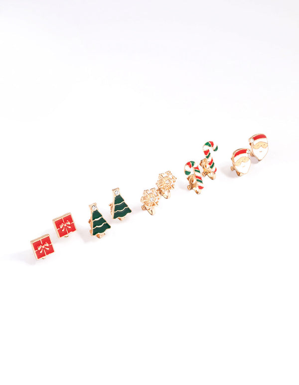 Gold Christmas & Candy Cane Clip On Earrings 5-Pack