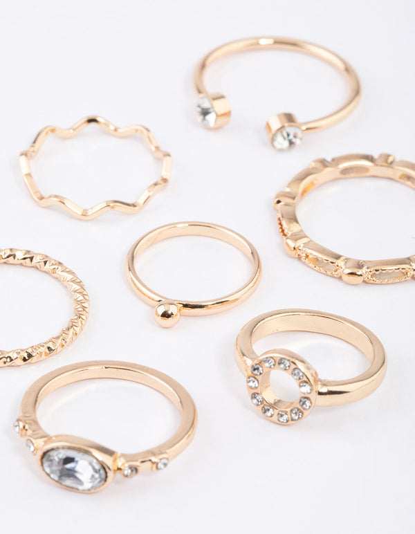 Gold Round Open Diamante Ring 7-Pack