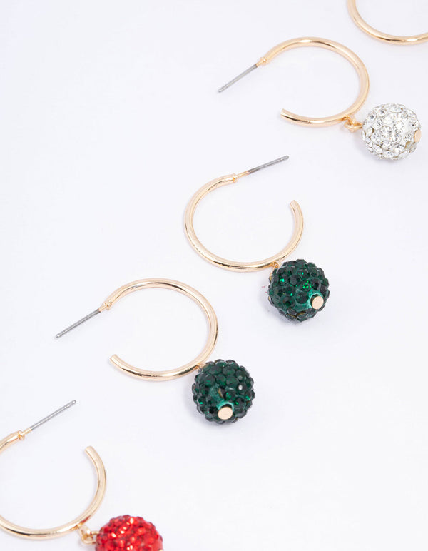 Gold Festive Bauble Drop Hoop Earring 3-Pack