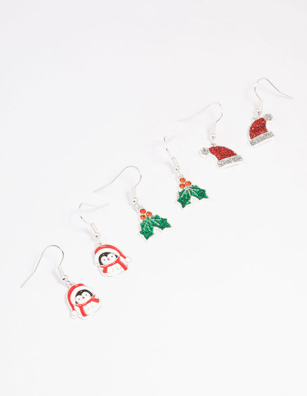 Silver Glitter Holly Christmas Earrings 3-Pack