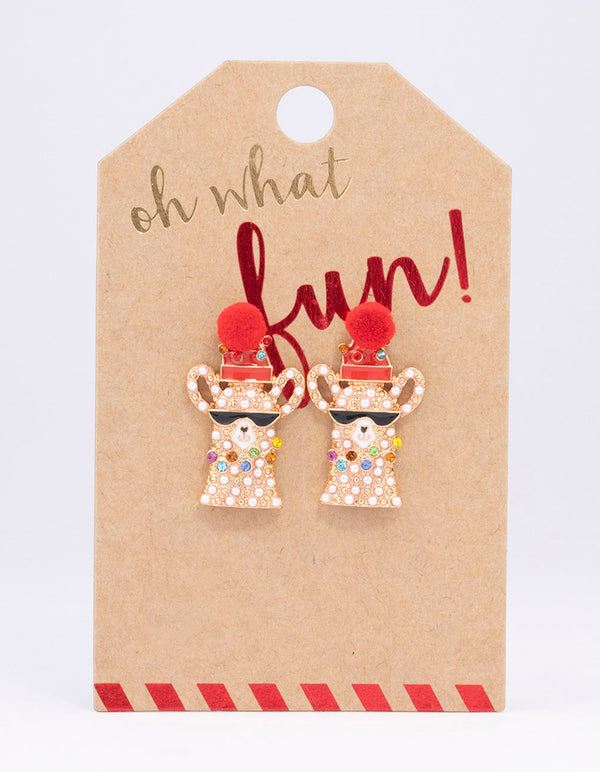 Gold Pom Pom Llama Christmas Stud Earrings