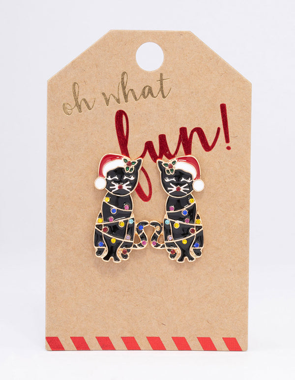 Gold Santa Hat Cat Drop Earrings