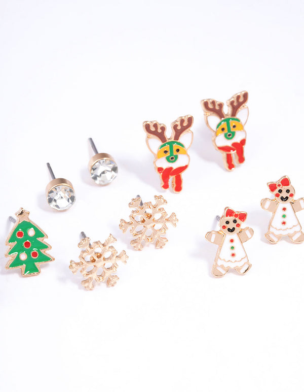 Gold Gingerbread Man & Snowflake Stud Earrings 5-Pack