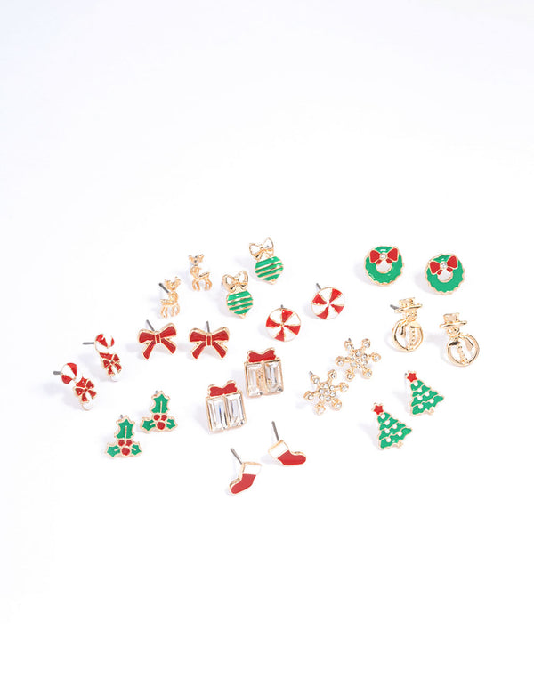 Gold Candy Cane & Bow Stud Earrings 12-Pack
