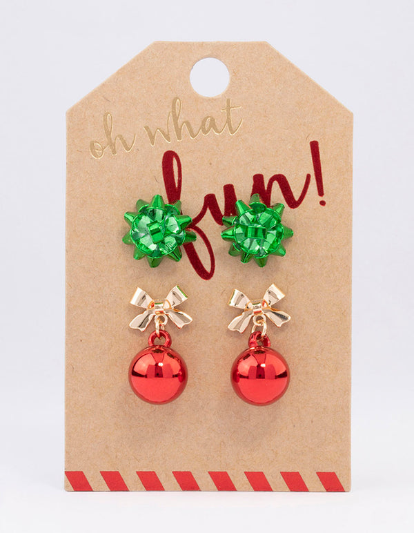 Mini Bow & Bell Christmas Earrings 2-Pack
