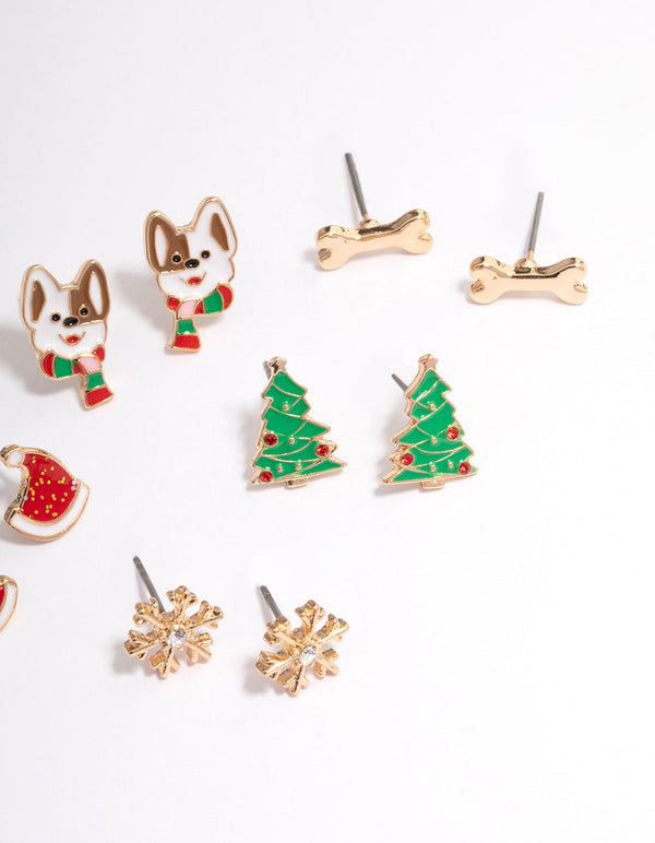 Gold Dog & Bone Christmas Stud Earrings 5-Pack