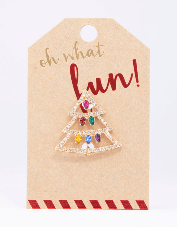 Gold Christmas Tree & Christmas Lights Brooch