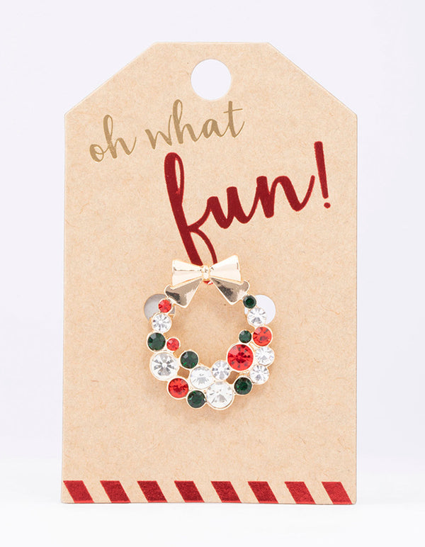 Gold Diamante Christmas Wreath Brooch