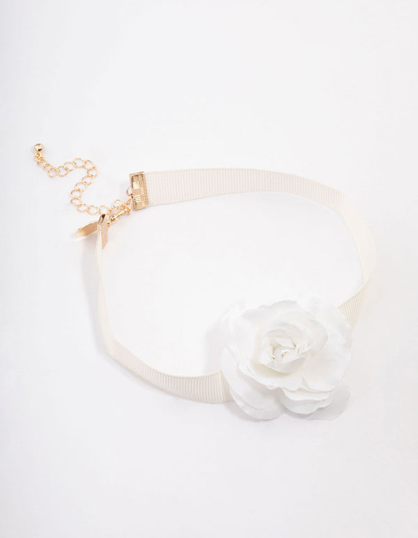 White Pearl Rose Wide Ribbon Choker