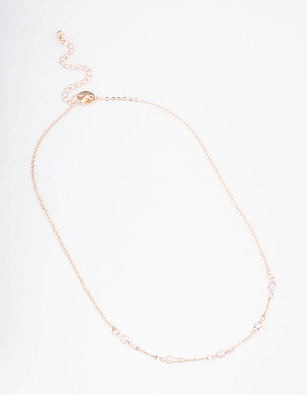 Rose Gold Encased Pearl Station Short Necklace