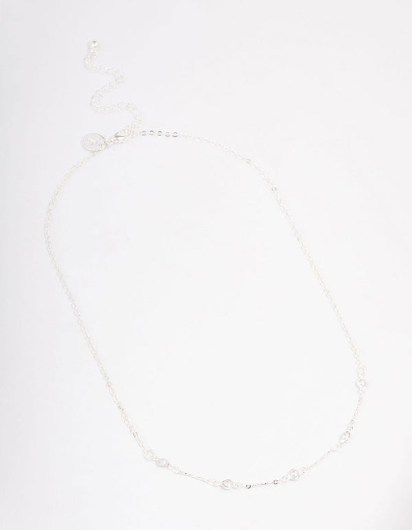 Silver Encased Pearl Station Short Necklace