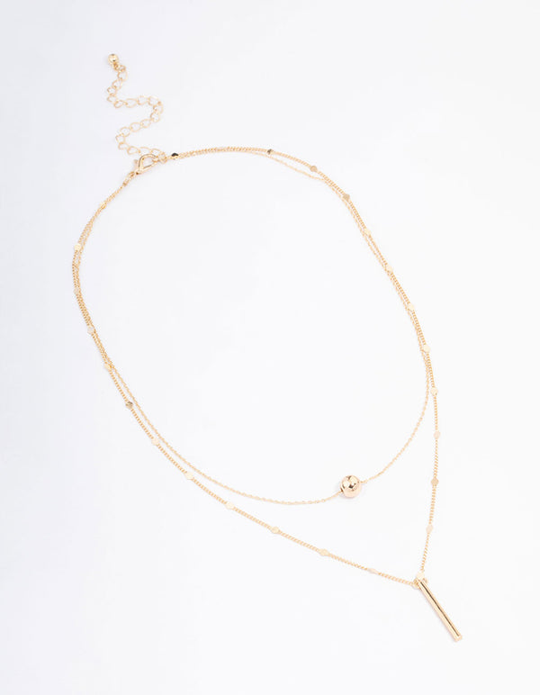Gold Bar & Ball Double Chain Short Layered Necklace