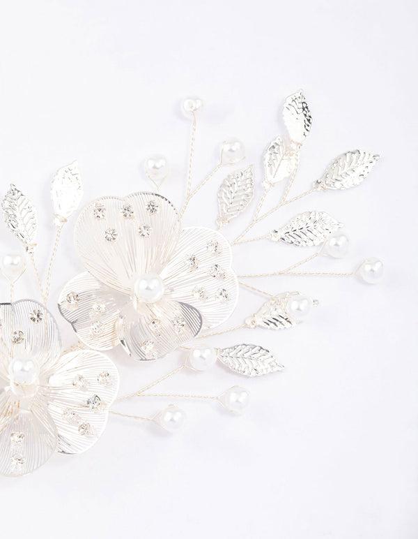 Gold Pearl Etched Flower Hair Clip