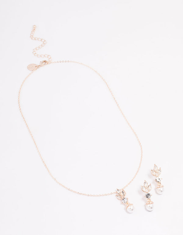 Rose Gold Leafy Diamante & Pearl Jewellery Set