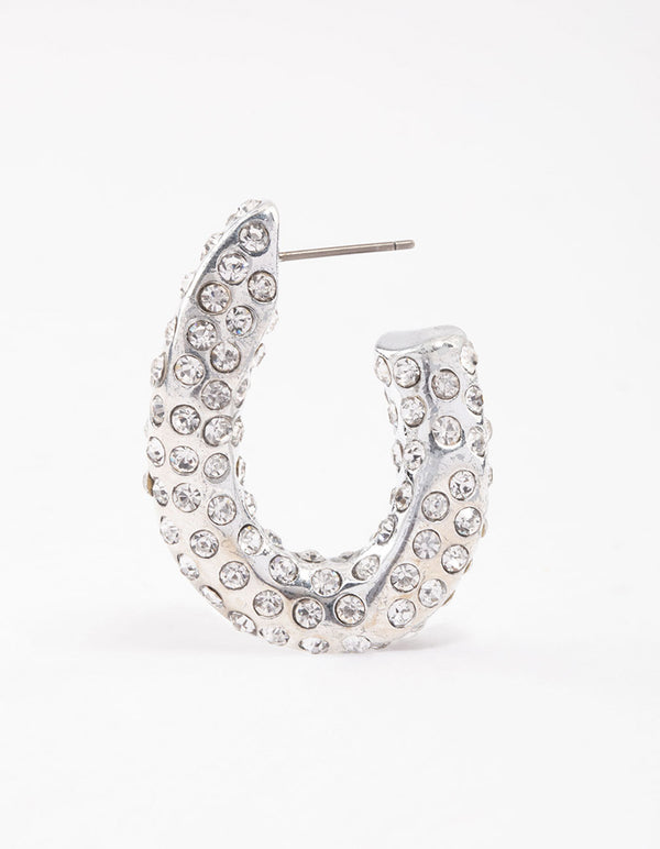 Silver Paved Curve Hoop Earrings