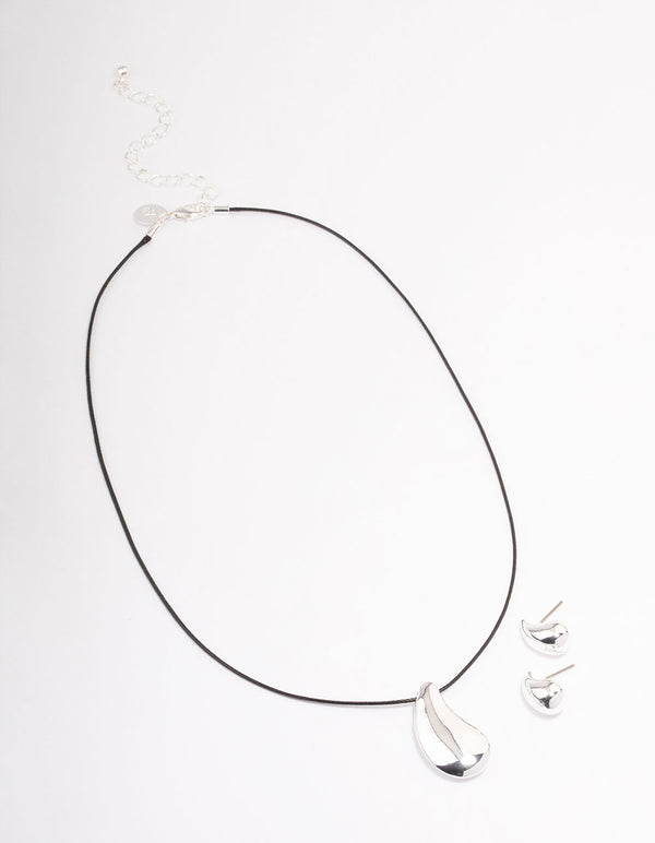Silver Bold Teardrop Necklace & Earrings Jewellery Set