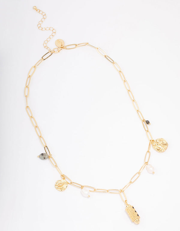 Gold Plated Freshwater Pearl Semi-Precious Charm Necklace