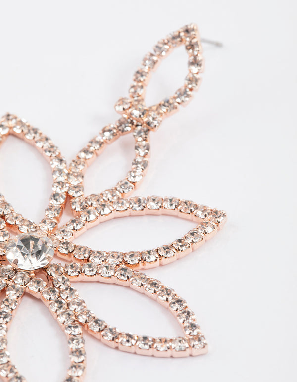 Rose Gold Flower Diamante Drop Earrings