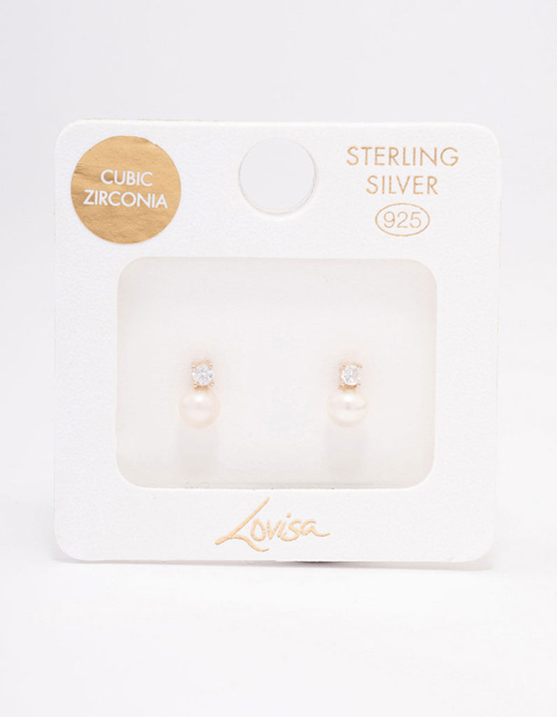 Gold Plated Sterling Silver Cubic Zirconia Freshwater Pearl Stud