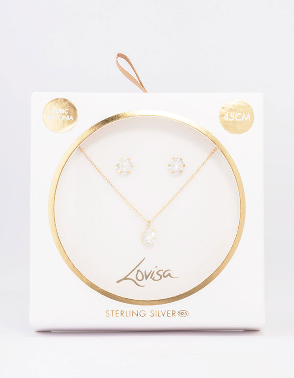 Gold Plated Sterling Silver Cubic Zirconia Solitaire Jewellery Set