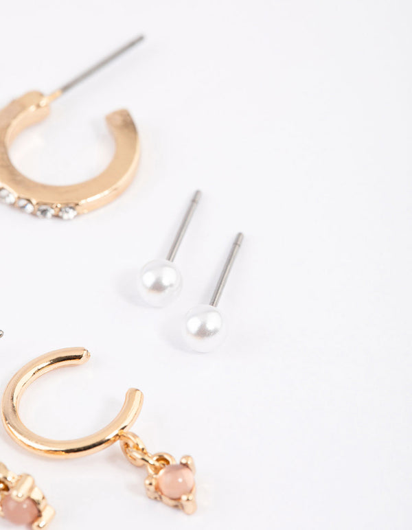 Gold Blush Diamante Pearl Earrings 6-Pack