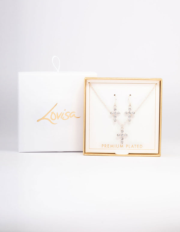 Silver Plated Diamante Cross Jewellery Set