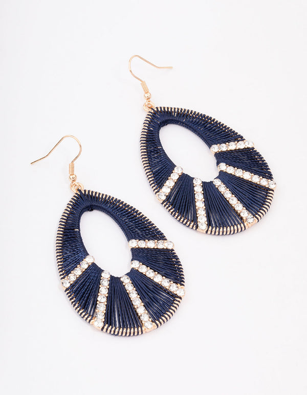 Gold Woven Diamante Navy Drop Earrings