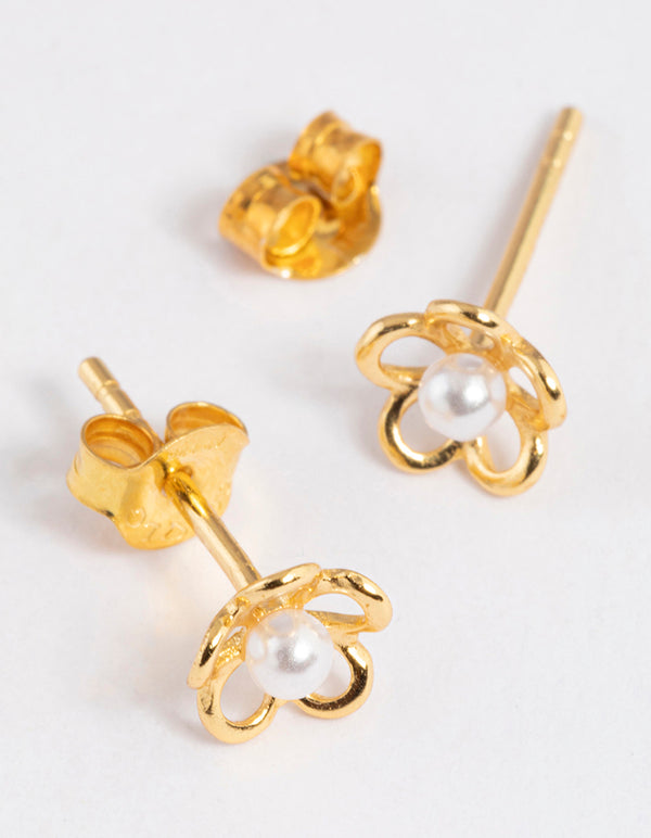 Gold Plated Sterling Silver Pearl & Flower Stud Earrings