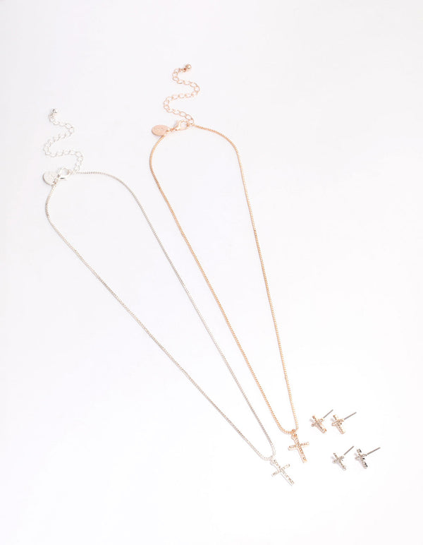 Mixed Metal Diamante Cross Jewellery Set Pack