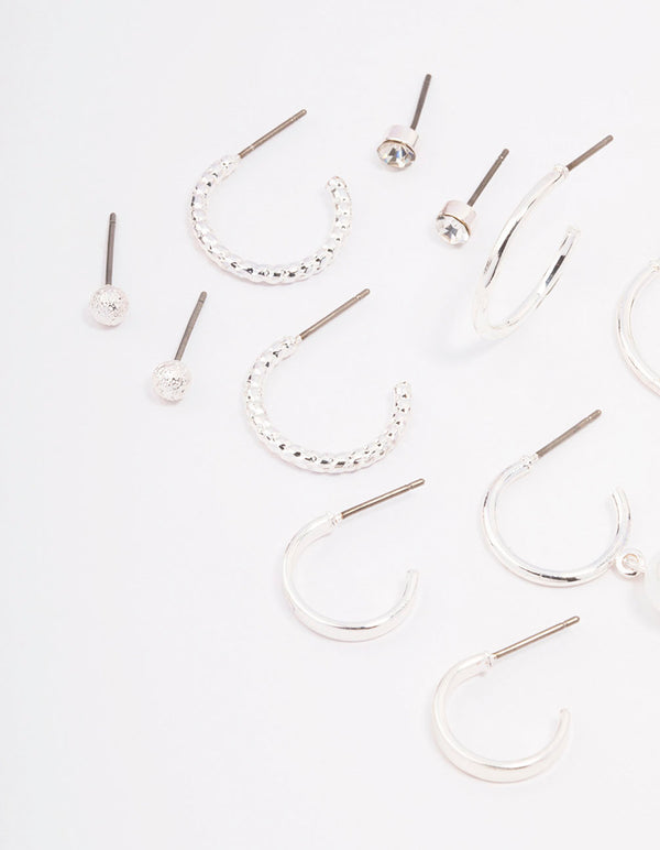 Silver Diamante Pearl Stud & Hoop Earring 8-Pack
