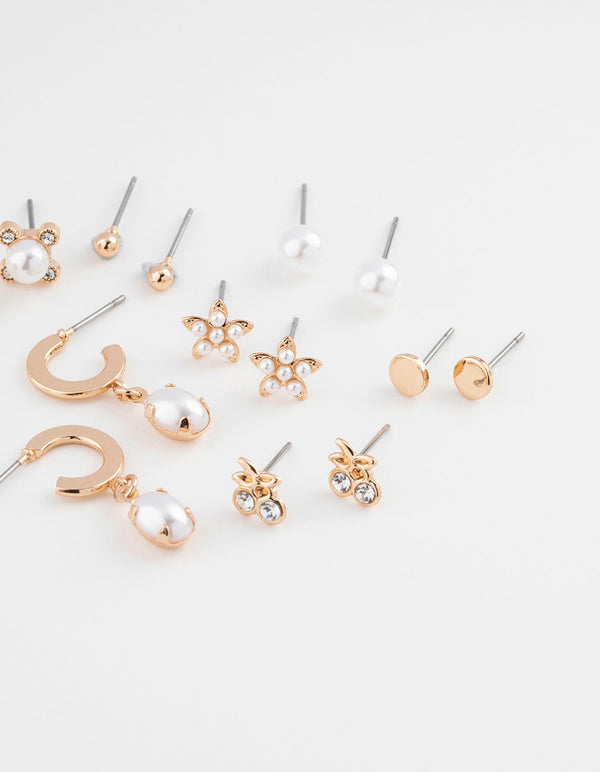 Gold Flower Pearl Earring 8-Pack