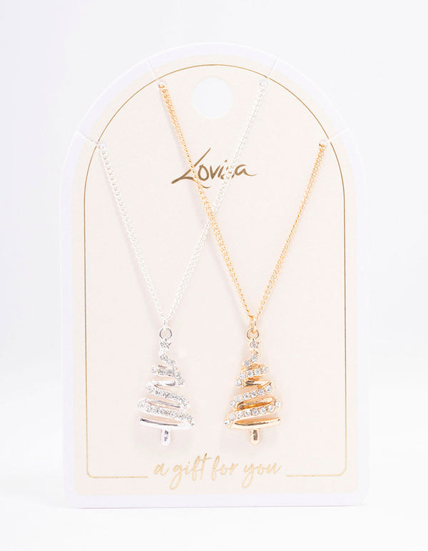 Mixed Metal Diamante Christmas Tree Necklace Pack
