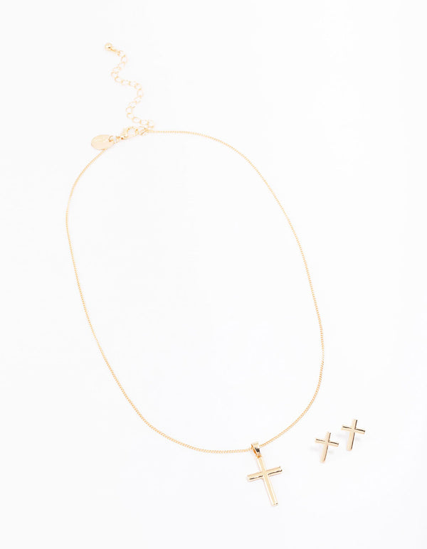 Gold Plain Cross Jewellery Set