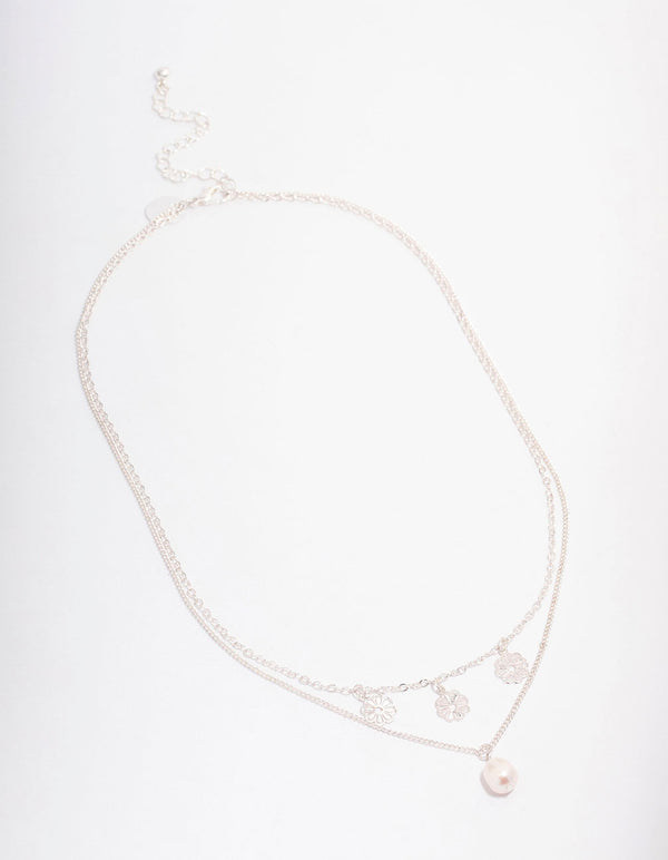 Silver Filigree Flower & Pearl Layer Necklace