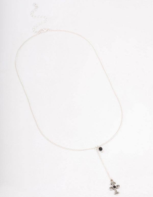 Antique Silver Drop Chain Cross Necklace