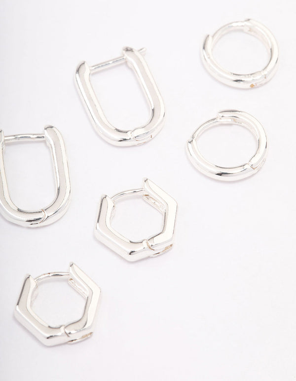 Silver Plated Brass Hexagon Hoop Earrings Pack