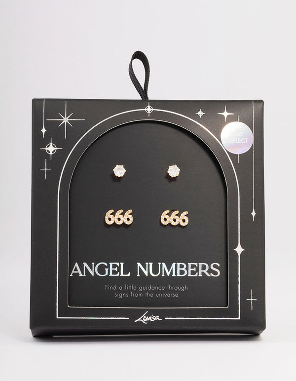 Gold Plated Cubic Zirconia Angel Number 666 Stud Earring Pack