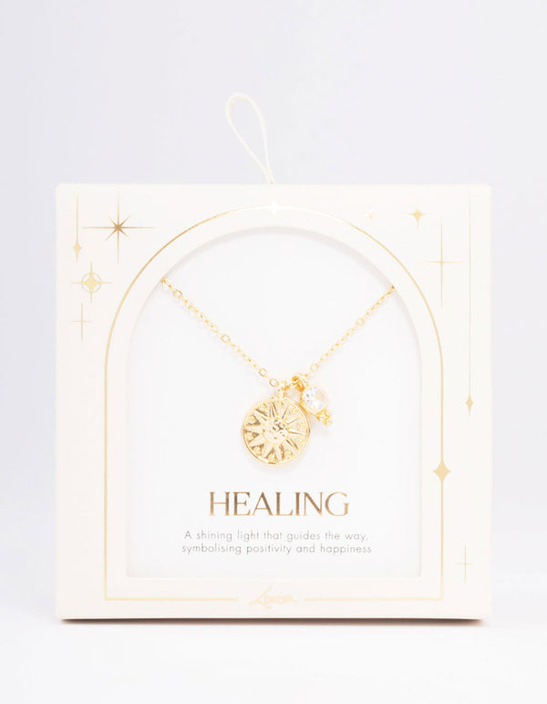 Gold Plated Star Disc & Cubic Zirconia Drop Pendant Necklace