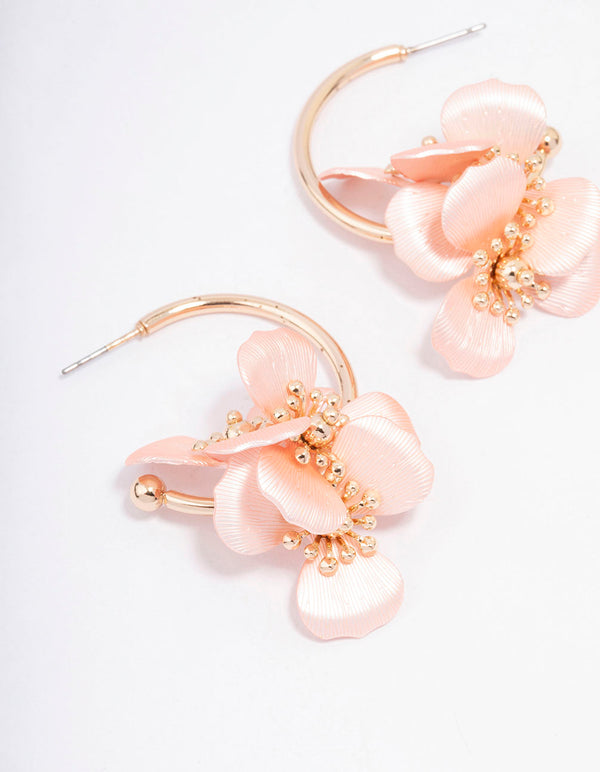 Gold Smooth Hoop Flower Huggie Earrings