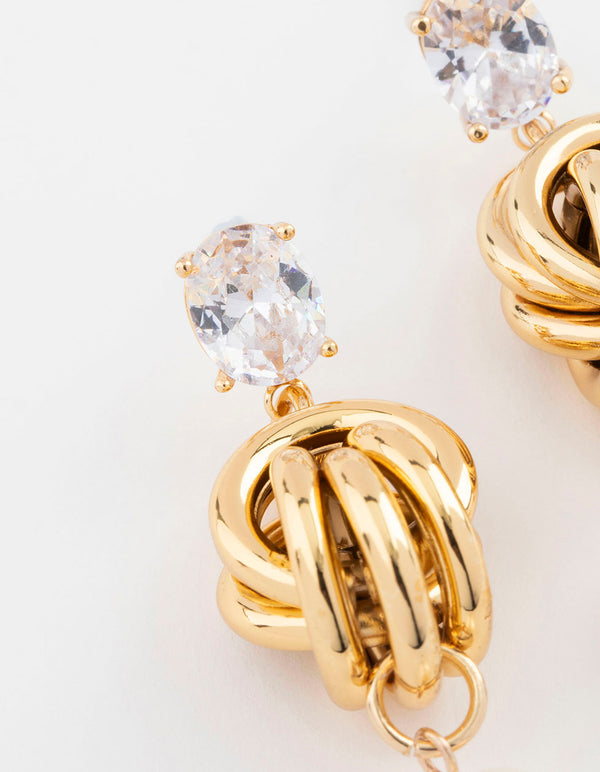 Gold Plated Cubic Zirconia & Freshwater Pearl Knotted Drop Earrings